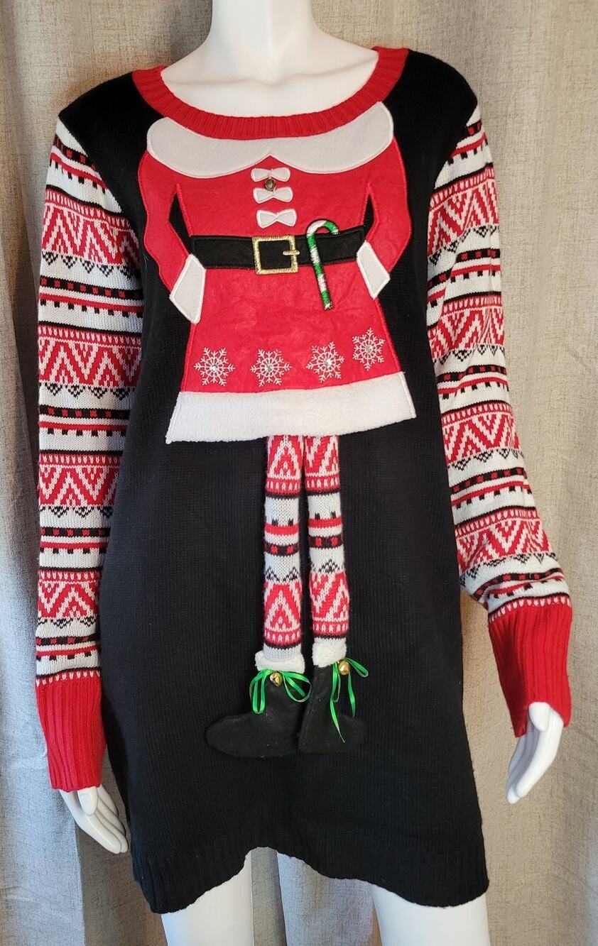 Holiday Time Ugly Christmas Elf Sweater Dress Bells Bling Swinging Legs Women XL